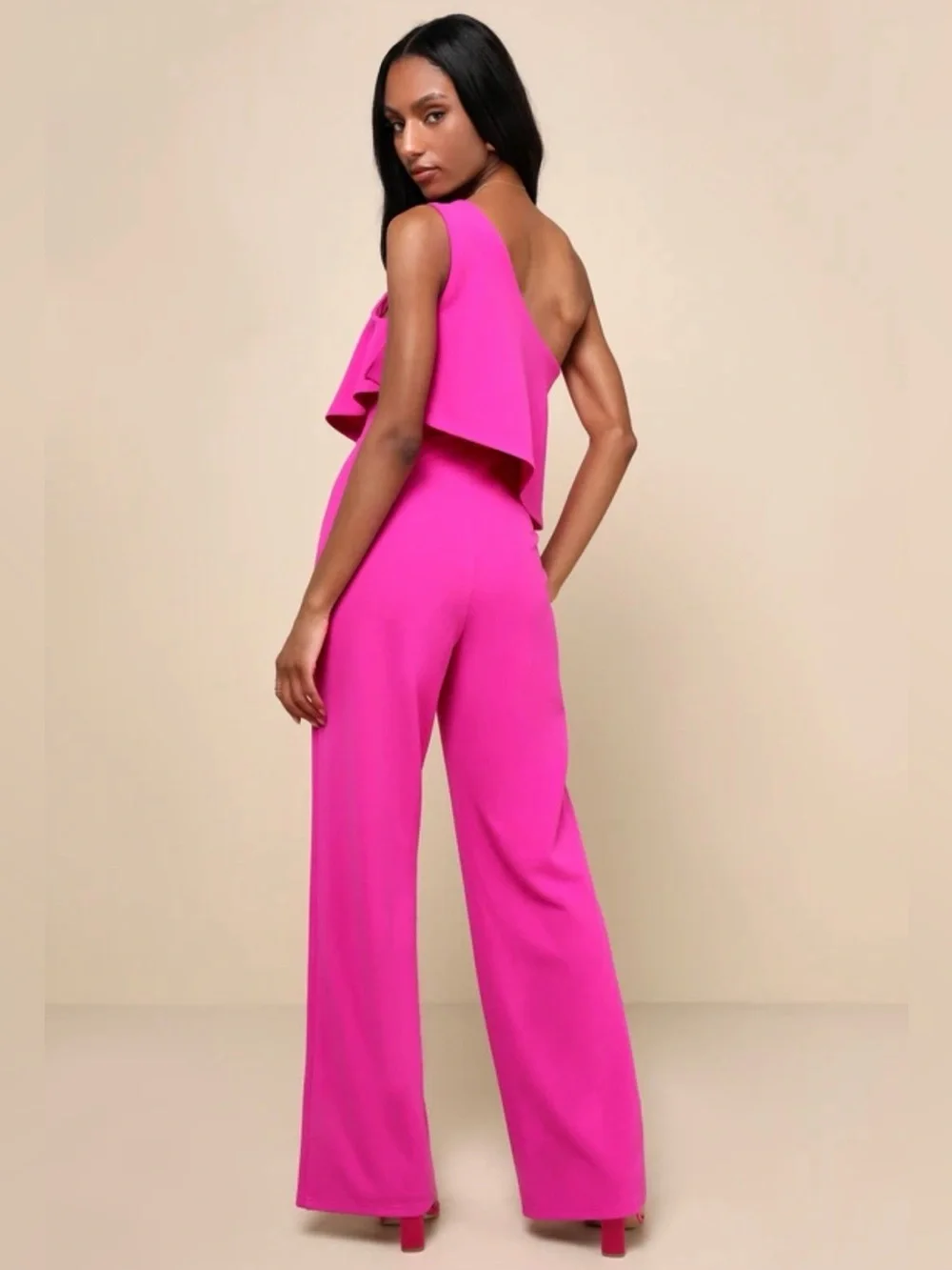 NWT Lulus Flawless Vibes Magenta One-shoulder Tiered Wide-leg Jumpsuit Pink
